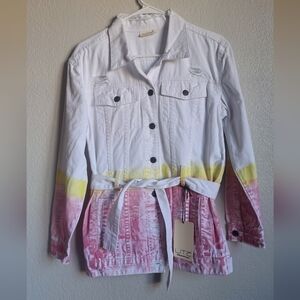NWT LITZ Denim White Pink Yellow Painted Tie Waist Denim Jacket Size Small